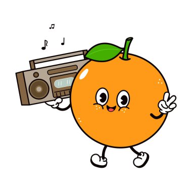 Portakal renkli çizgi film karakteri, elinde gülen bir yüzle retro teyp çalar ve barış işareti gösterir. Neşeli 80 'ler titreşimleri, müzik kutlaması ve eğlenceli yaz enerjisi yayar.