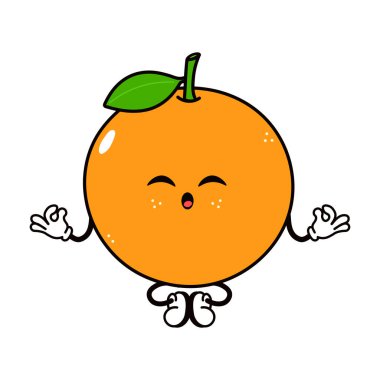 Çapraz bacaklı yoga pozunda oturan turuncu meyve karakteri, Om meditasyonu yaparken gözleri kapalı ve huzurlu bir ifade sergiliyor, huzuru, farkındalığı ve sağlıklı yaşamı simgeliyor.