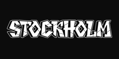 Stockholm şehrinin adı, gri çizgili ve geometrik desenli stilize edilmiş beyaz bir graffiti yazı tipiyle yazıldı. Katı siyah arka planda kendine özgü bir sokak sanatı harfi tasarımı oluşturuldu.