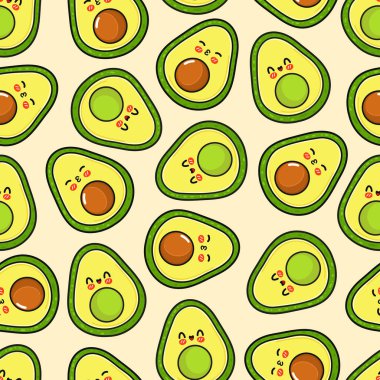 Tatlı avokado yarımları, sağlıklı yiyecek ve neşeli doğayı temsil eden, çeşitli mutlu ve öpüşen yüz ifadeleriyle bir kawaii stili tasarımı tasvir eden kusursuz bir desen oluşturur.