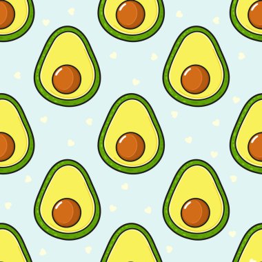 Avokado yarımları, açık mavi arka planda dekoratif ve pürüzsüz bir desen oluşturarak sağlıklı beslenme, organik gıda ve tropikal meyve kavramlarını temsil eder.