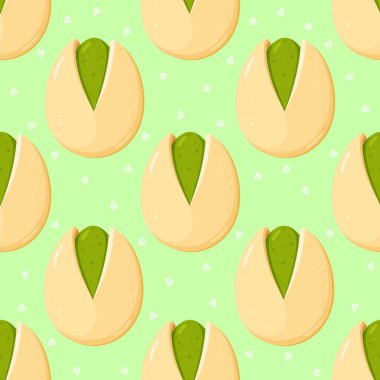 Pistachio desenli küçük beyaz kalpler, taze yeşil tonlarda pürüzsüz fayanssız dizayn, vektör dostu yineleme ambalaj, kumaş, duvar kağıtları ve dijital arka plan için mükemmel.