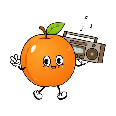 Kayısı meyvesi karakteri omzunda retro müzik kutusuyla yürüyor, barış işareti gösteriyor, güneşli, neşeli, nostaljik 80 'li yılların havasıyla dans ediyor ve gülümsüyor.