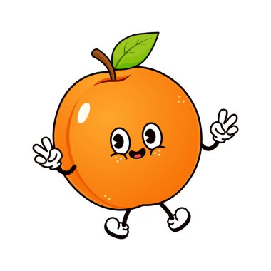 Mutlu gülümseyen yüzü ve pembe yanakları olan sevimli bir çizgi film karakteri, yürürken zafer ya da barış işaretleri göstermek için ellerini uzatıyor, neşeli ve dostane bir maskot çizimi yaratıyor.