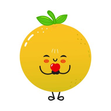 Tatlı greyfurt karakteri, pembe yanakları ve küçük kırmızı bir kalp taşıyan tatlı bir gülümsemesi var. Beyaz arka planda sevgi, neşe ve sağlıklı, neşeli titreşimler yayıyor.