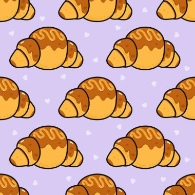 Çikolata şuruplu kruvasanlar açık mor arka planda, küçük beyaz kalplerle kusursuz bir desen oluşturarak gıda projeleri veya çocuk temaları için şirin ve tatlı bir tasarım oluştururlar.