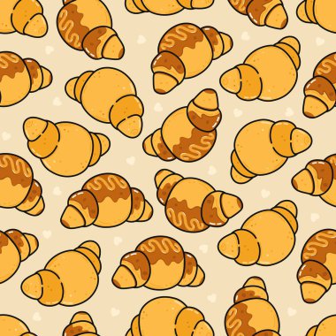 Kruvasanlar kusursuz bir kalıp oluşturuyor, bazıları çikolata jöleli, bej bir arka planda dinleniyor ince kalp şekilli, tatlı bir kahvaltı önerisi sunuyor.