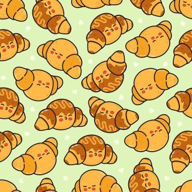 Güzel kawaii kruvasanları, mutlu uyuyan yüzler ve birkaç çikolata parçasıyla çocuk tekstili ya da yemek paketlemesi için harika bir arka plan oluşturuyorlar.