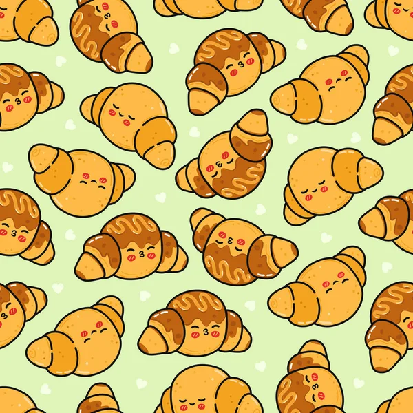 Güzel kawaii kruvasanları, mutlu uyuyan yüzler ve birkaç çikolata parçasıyla çocuk tekstili ya da yemek paketlemesi için harika bir arka plan oluşturuyorlar.