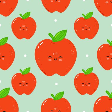 Yeşil yapraklı sevimli, güler yüzlü elma karakterleri çocuk tasarımları için mükemmel, sağlıklı beslenme temaları ve oyuncaklarla ilgili grafikler yaratıyor.