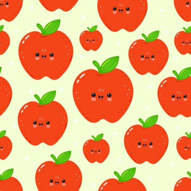 Şirin gülümseyen yüzleri ve yeşil yaprakları olan kırmızı elma karakterleri kusursuz bir arkaplan deseni oluşturarak çeşitli yüzey ve ürünler için neşeli ve neşeli bir kawaii meyve tasarımı oluşturuyorlar.