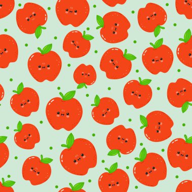 Gülümseyen yüzleri, yeşil yaprakları ve sapları olan kusursuz kırmızı çizgi film elmaları. Yumuşak yeşil noktalı arka plan şakacı, çocuk dostu tekstil ve duvar kağıdı tasarımı.