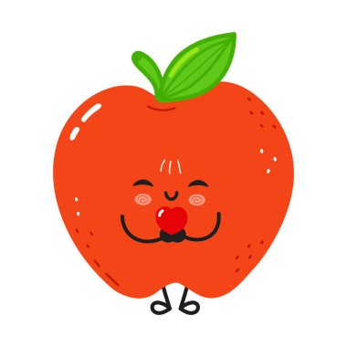 Kırmızı elma karakteri çizimi küçük kırmızı bir kalbi temsil ediyor, aşkı, sağlığı ve çocuk tasarımları, yemek temaları veya Sevgililer Günü için mutlu, tatlı ve sevimli bir konsepti simgeliyor.
