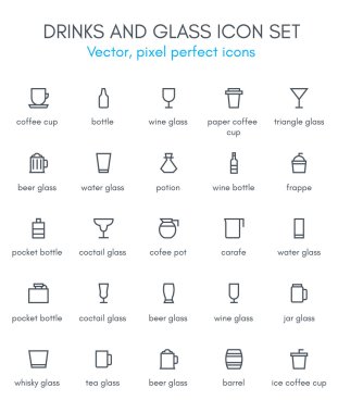 Drinks and glass line icon set.  clipart