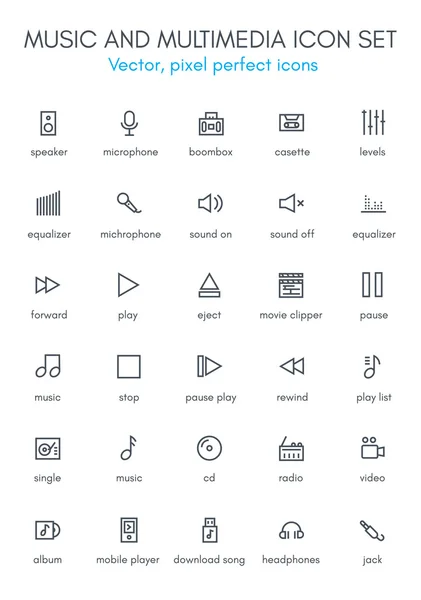Musica e linea multimediale set di icone . — Vettoriale Stock