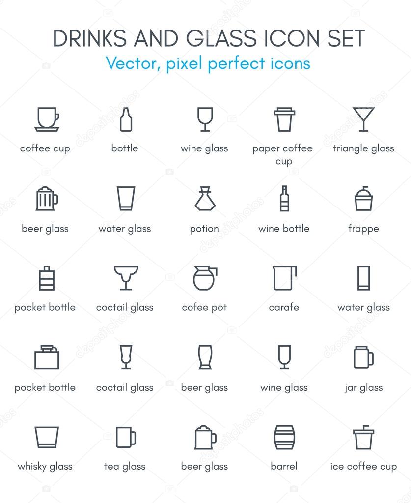 Drinks and glass line icon set. 