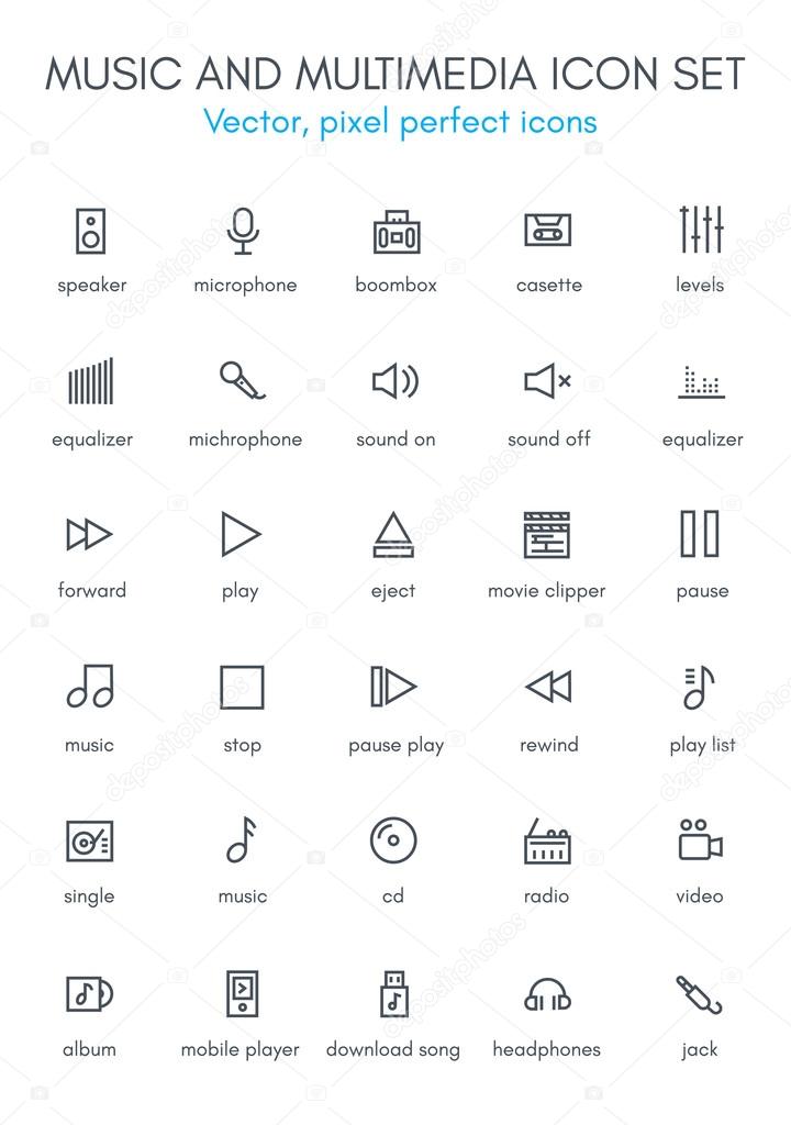 Music and multimedia line icon set. Pixel perfect fully editable vector icon suitable for websites, info graphics and print media.