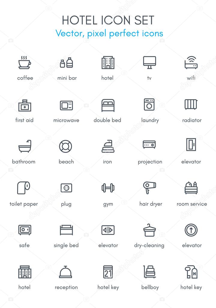 Hotel line icon set. Pixel perfect fully editable vector icon suitable for websites, info graphics and print media.