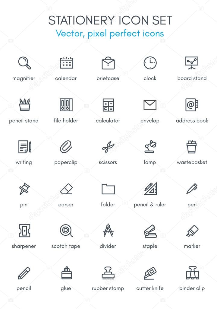Stationery theme line icon set. Pixel perfect fully editable vector icon suitable for websites, info graphics and print media.