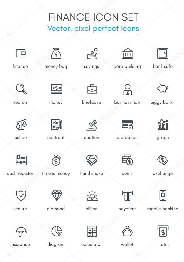 Finance theme line icon set. Pixel perfect fully editable vector icon suitable for websites, info graphics and print media.
