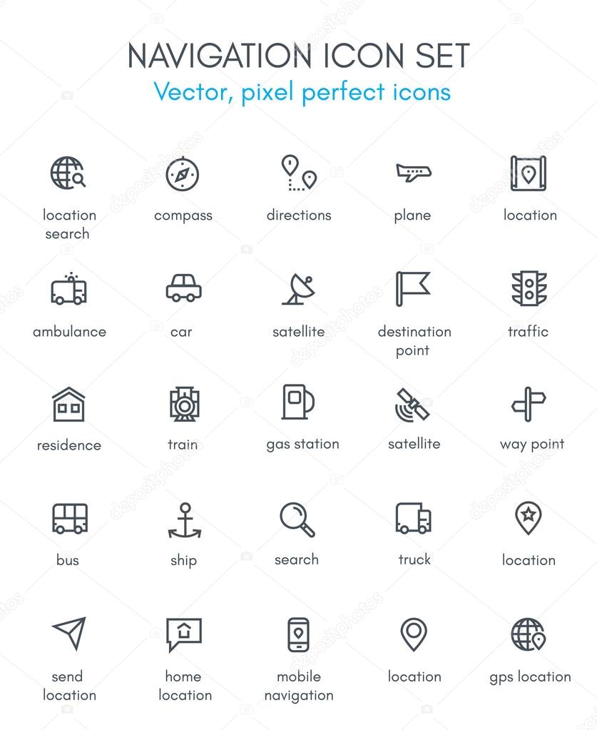 Navigation theme line icon set. Pixel perfect fully editable vector icon suitable for websites, info graphics and print media.