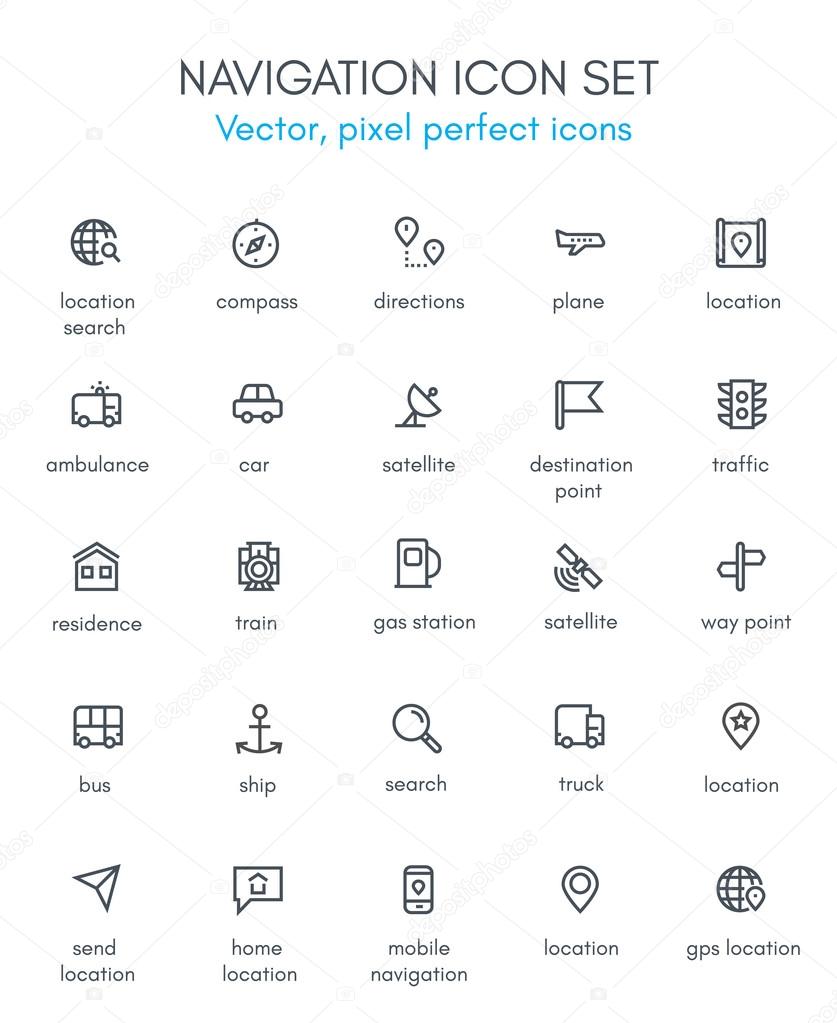 Navigation theme line icon set.