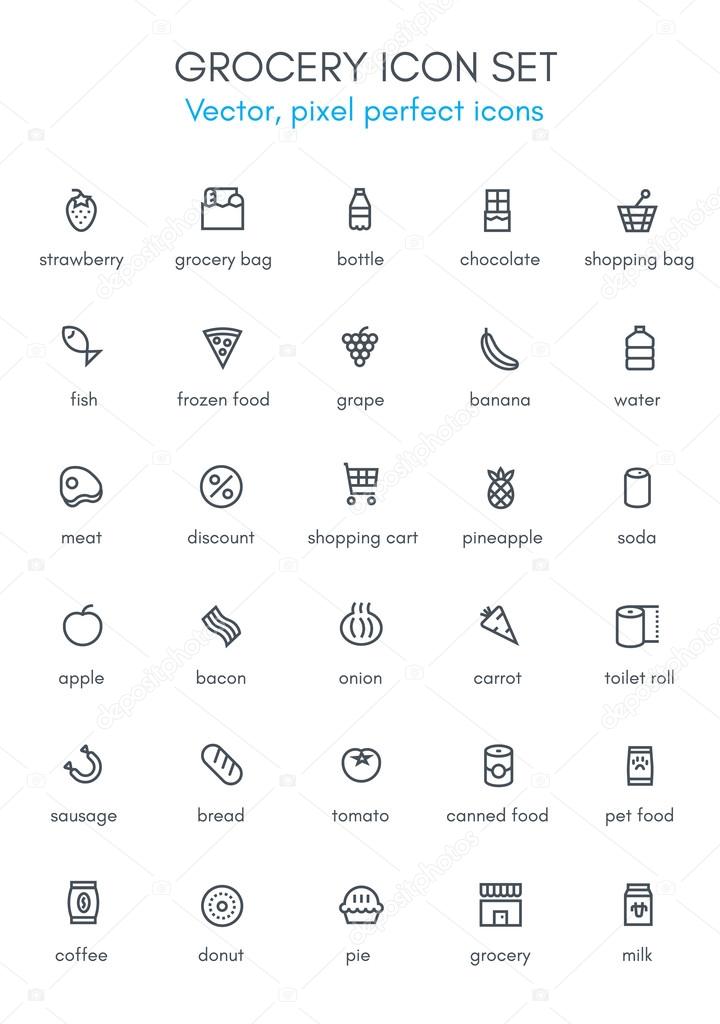 Grocery, market theme line icon set. Pixel perfect fully editable vector icon suitable for websites, info graphics and print media.