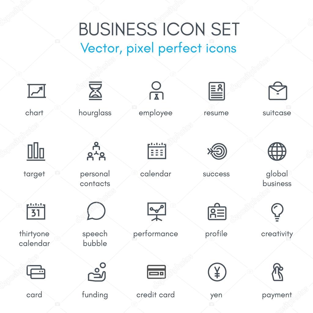 Business theme line icon set. Pixel perfect fully editable vector icon set suitable for websites, info graphics and print media.