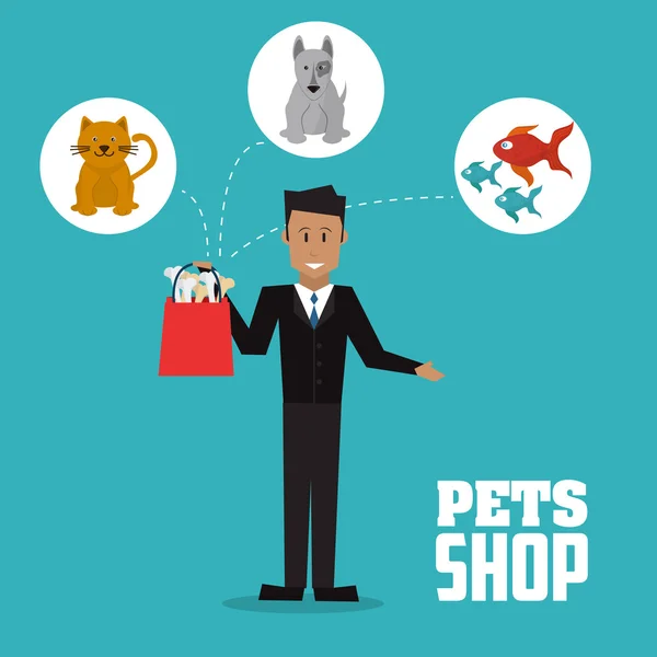 ร้านขายสัตว์เลี้ยงที่มีสุนัข, แมว, การออกแบบปลาและมนุษย์, ภาพเวกเตอร์ — ภาพเวกเตอร์สต็อก
