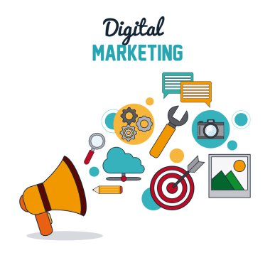 Beyaz zemin üzerinde dijital pazarlama illüstrasyon vektör