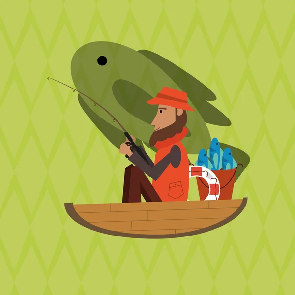Pescador en el diseño del barco. concepto de campamento. ilustración deportiva — Vector de stock