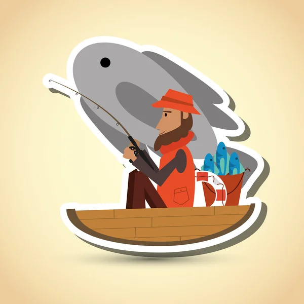 Pescador no projeto do barco. conceito de acampamento. ilustração desportiva — Vetor de Stock