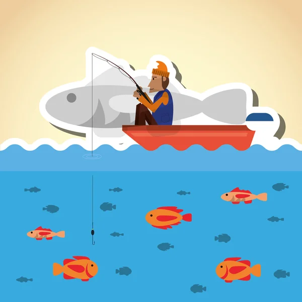 Pescador en el diseño del barco. concepto de campamento. ilustración deportiva — Vector de stock