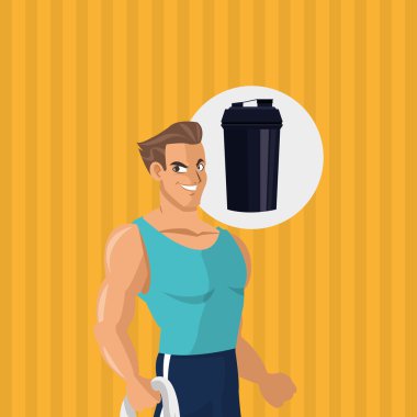 Sağlıklı bir yaşam tarzı. çizgi film adam tasarım. vücut geliştirme kavramı