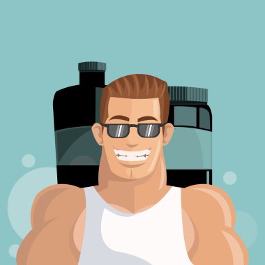 Sağlıklı bir yaşam tarzı. çizgi film adam tasarım. vücut geliştirme kavramı