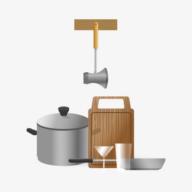 Mutfak tasarımı. Malzemeleri simgesi. Beyaz arka plan, vektör çizim