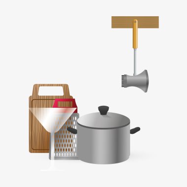 Mutfak tasarımı. Malzemeleri simgesi. Beyaz arka plan, vektör çizim