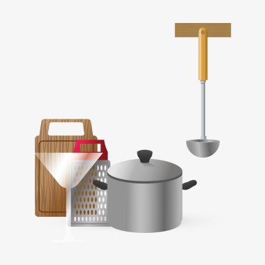 Mutfak tasarımı. Malzemeleri simgesi. Beyaz arka plan, vektör çizim