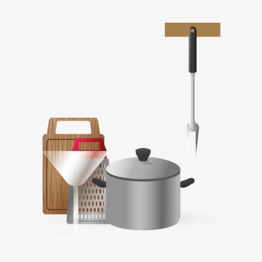 Mutfak tasarımı. Malzemeleri simgesi. Beyaz arka plan, vektör çizim