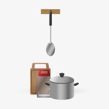 Mutfak tasarımı. Malzemeleri simgesi. Beyaz arka plan, vektör çizim