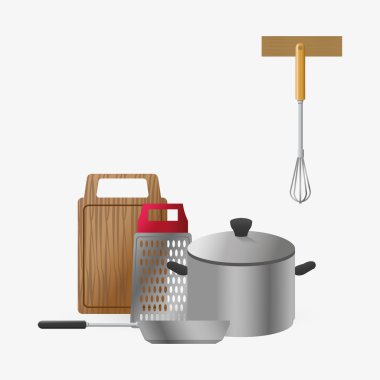 Mutfak tasarımı. Malzemeleri simgesi. Beyaz arka plan, vektör çizim