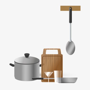 Mutfak tasarımı. Malzemeleri simgesi. Beyaz arka plan, vektör çizim