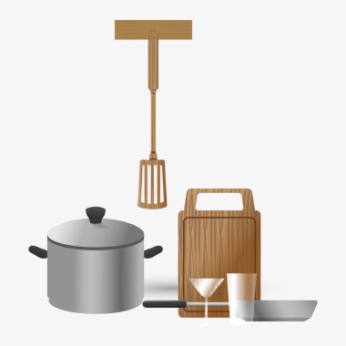 Mutfak tasarımı. Malzemeleri simgesi. Beyaz arka plan, vektör çizim