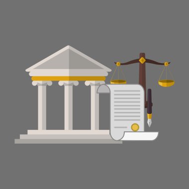 Hukuk tasarım. Adalet simgesi. Gri arka plan, vektör çizim