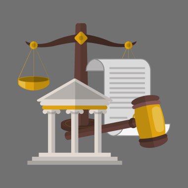 Hukuk tasarım. Adalet simgesi. Gri arka plan, vektör çizim