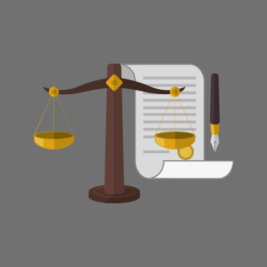 Hukuk tasarım. Adalet simgesi. Gri arka plan, vektör çizim