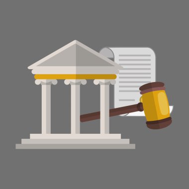 Hukuk tasarım. Adalet simgesi. Gri arka plan, vektör çizim