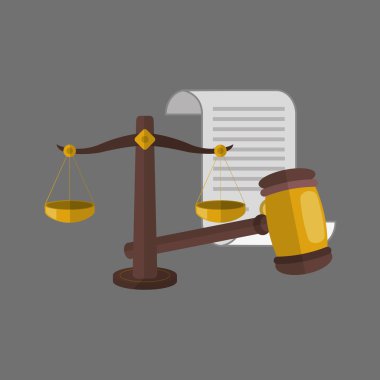 Hukuk tasarım. Adalet simgesi. Gri arka plan, vektör çizim