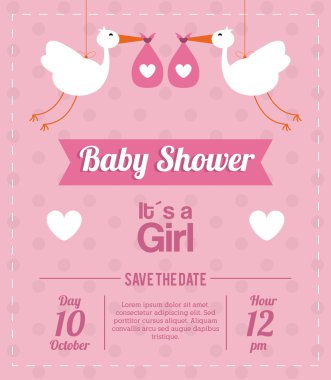 Duş tasarım bebeğim. Leylek simgesi. pembe illüstrasyon, vektör grafiği