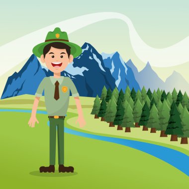 Forest ranger with landscape of pine trees and mountains design clipart